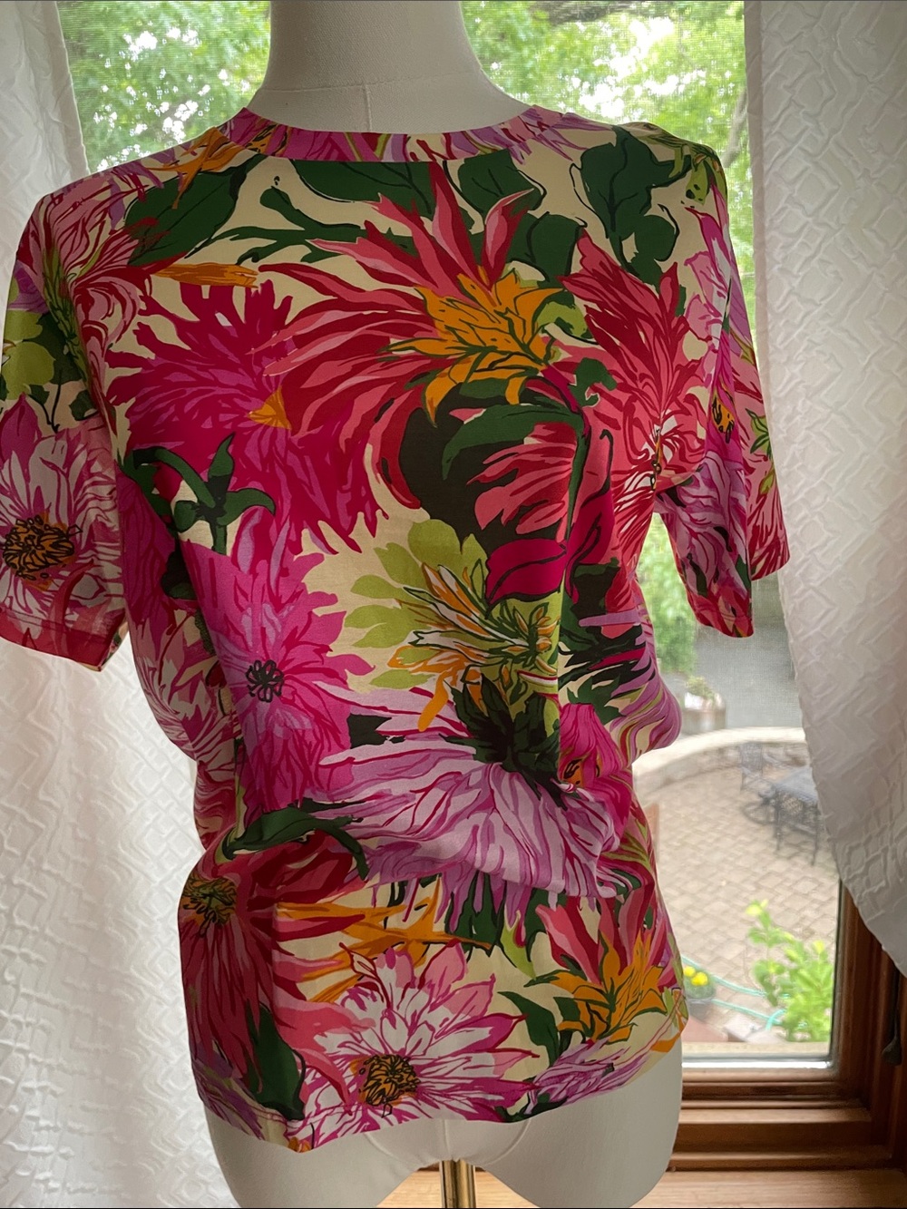 Max Mara Weekend Floral Short-Sleeve Top — Pink Multi PTP 19.5 - Picture 4 of 12